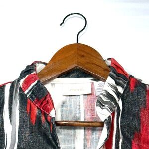 Chico's Ikat Print Collarless Jacket Womens Red Black White Linen Blend